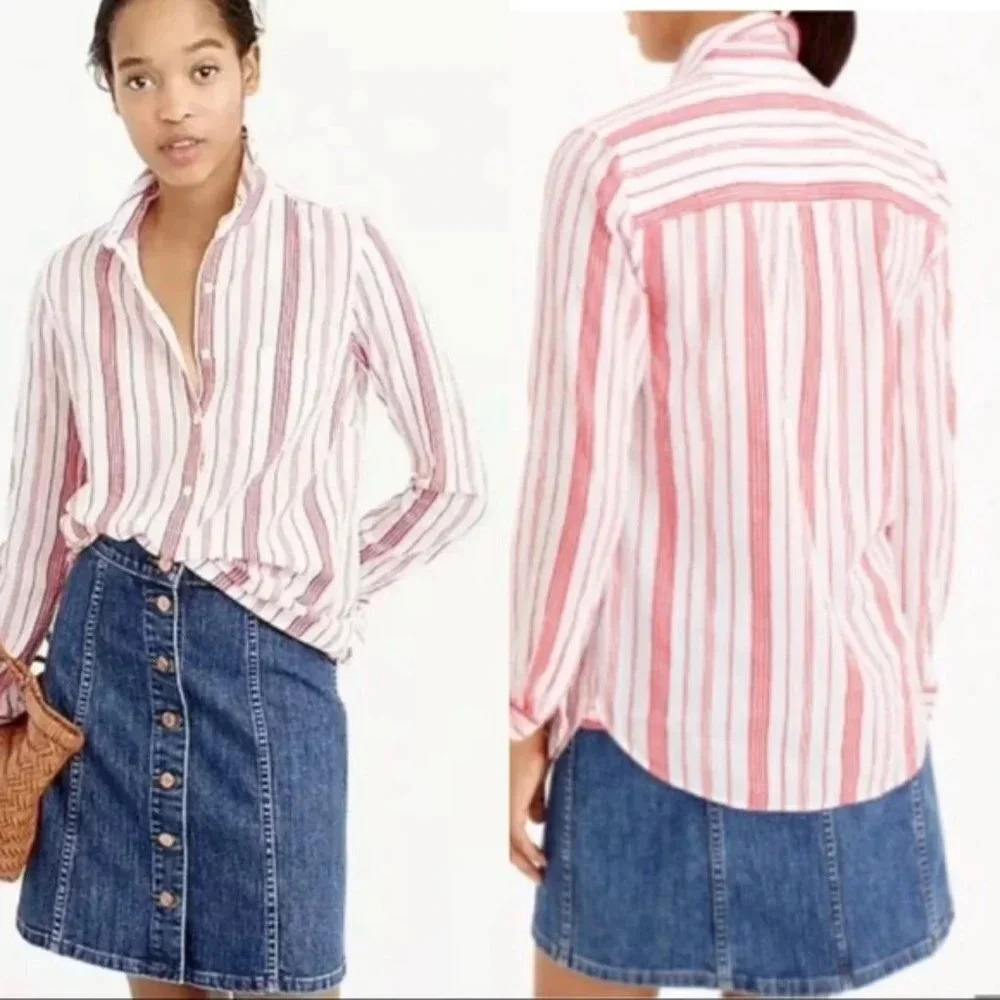 J. Crew Classic Red White Striped Popover Shirt 4